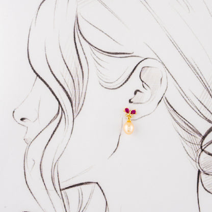 Adorn Red Stone Pearl Stud Earrings