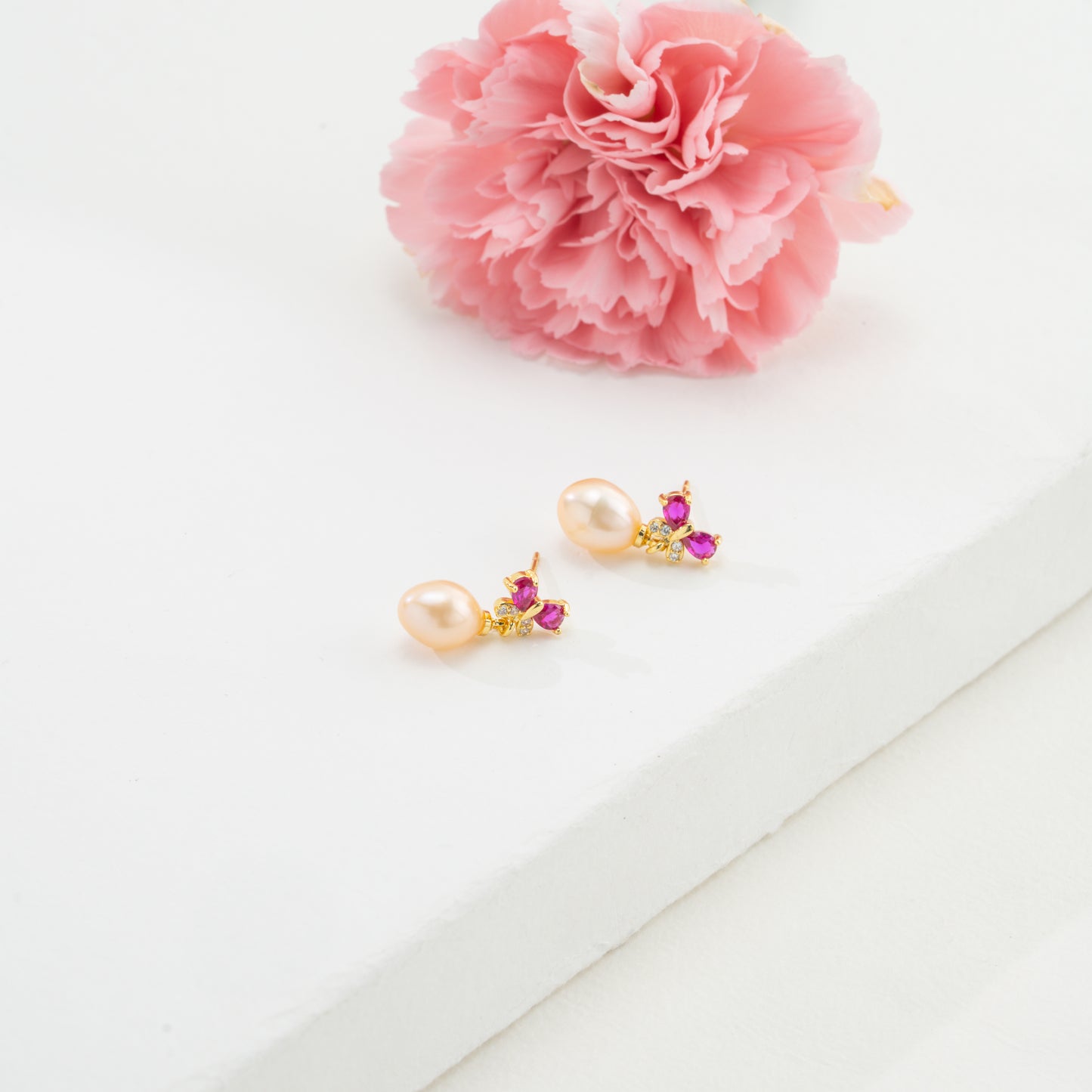 Adorn Red Stone Pearl Stud Earrings