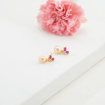 Adorn Red Stone Pearl Stud Earrings