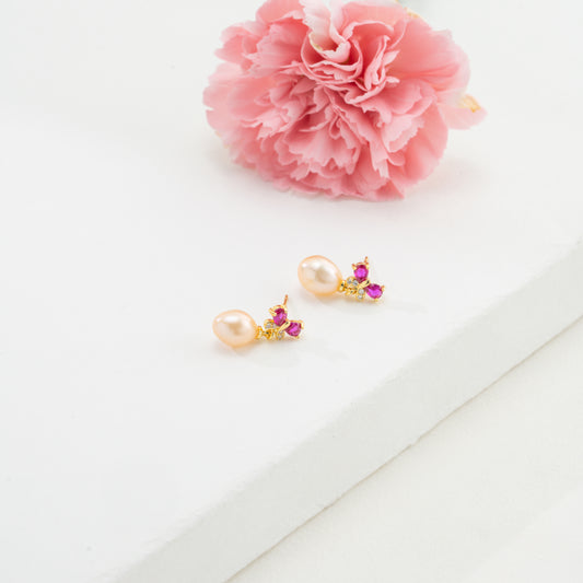Adorn Red Stone Pearl Stud Earrings