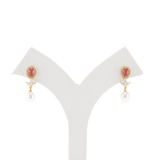 Classy Pink Stone Drop Pearl Earrings