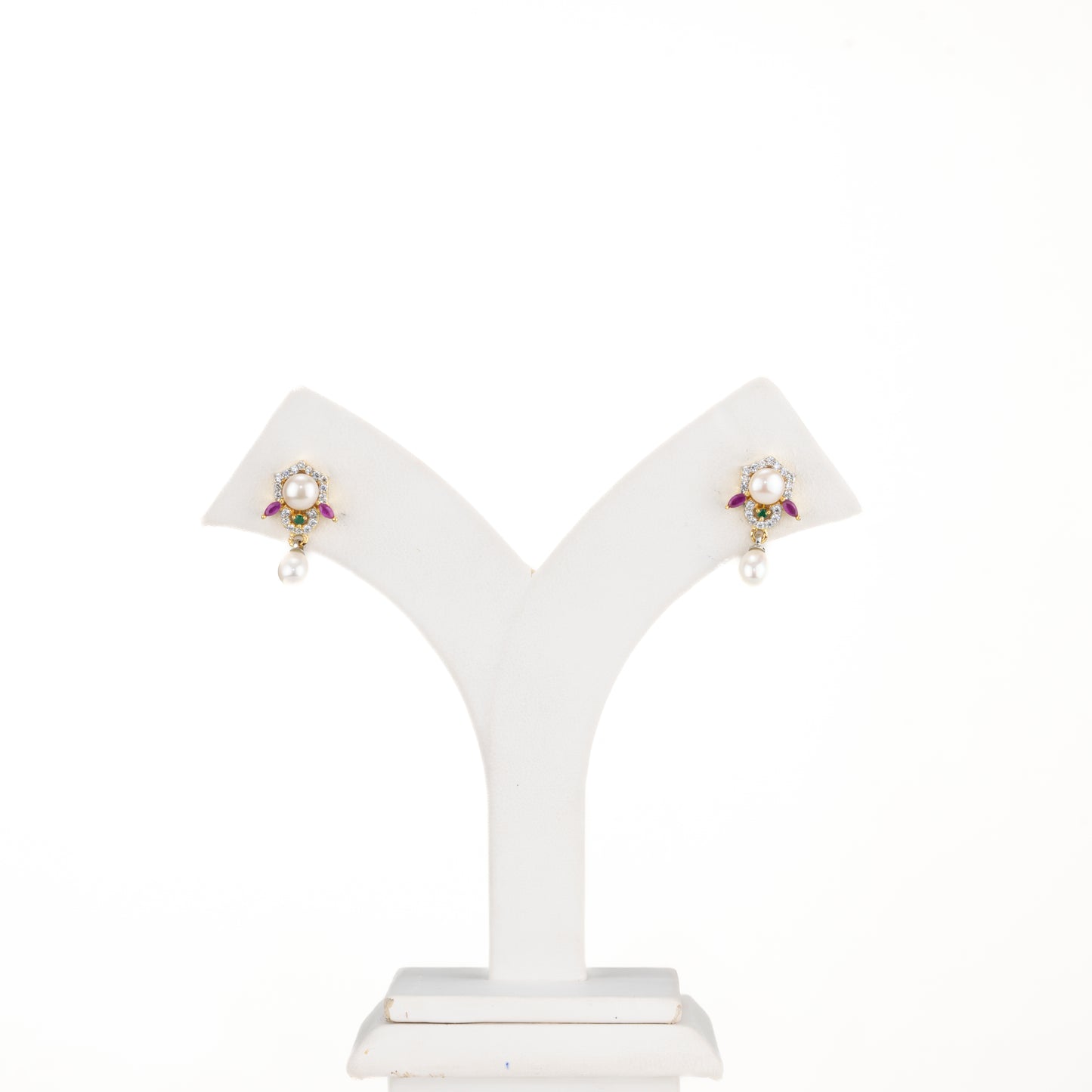 Classy Red Green Stone Drop Freshwater Pearl Earrings