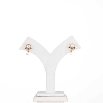 Classy Red Green Stone Drop Freshwater Pearl Earrings