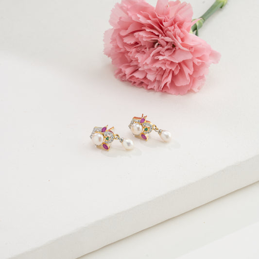 Classy Red Green Stone Drop Pearl Earrings