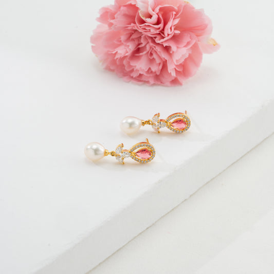 Classy Pink Stone Drop Pearl Earrings