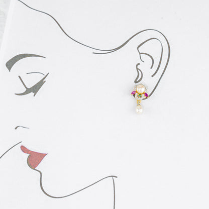 Classy Red Green Stone Drop Freshwater Pearl Earrings