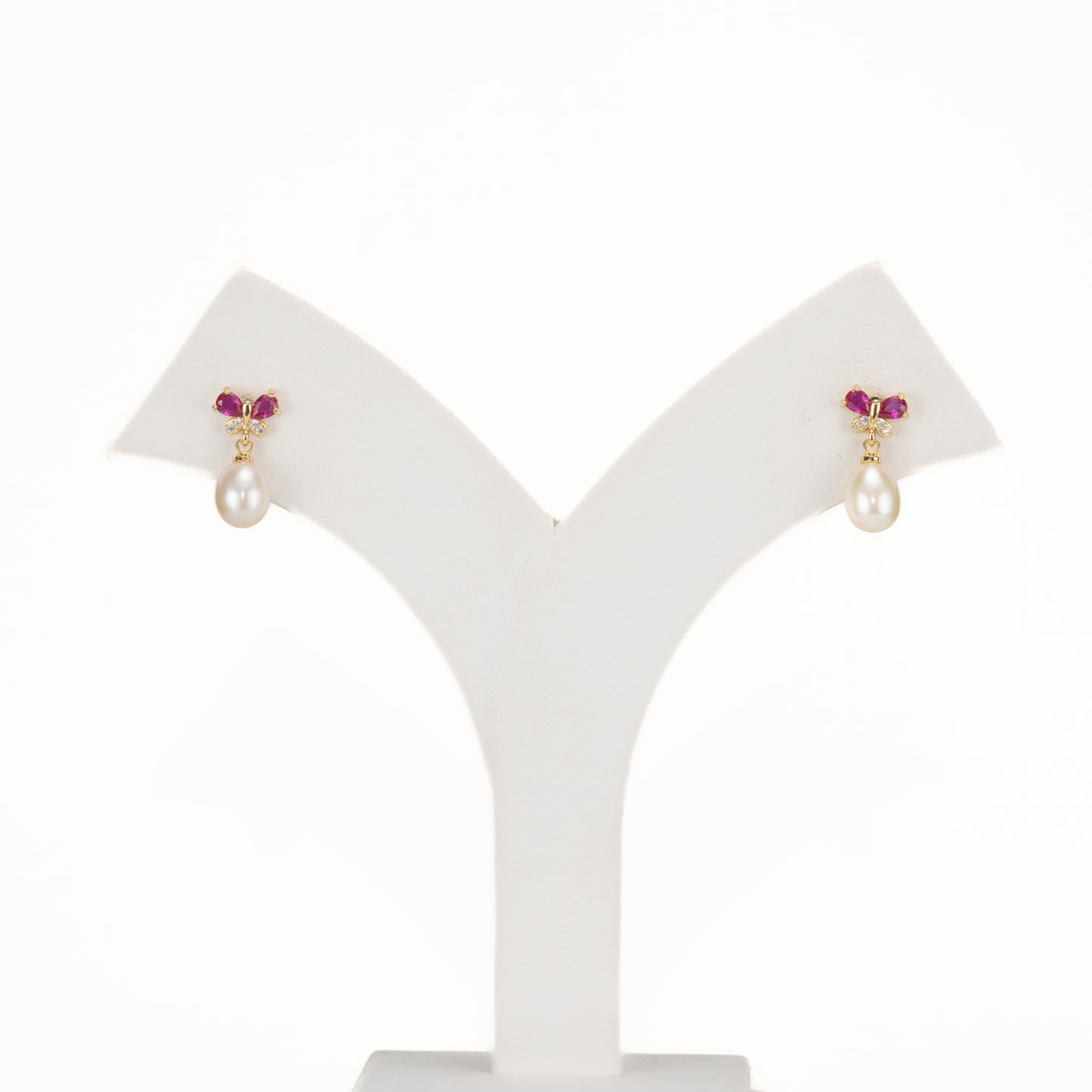 Glossy Red Stone Drop Hanging Freshwater Pearl Studs Earrings