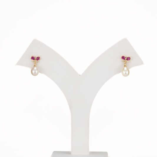 Glossy Red Stone Drop Hanging Pearl Studs Earrings