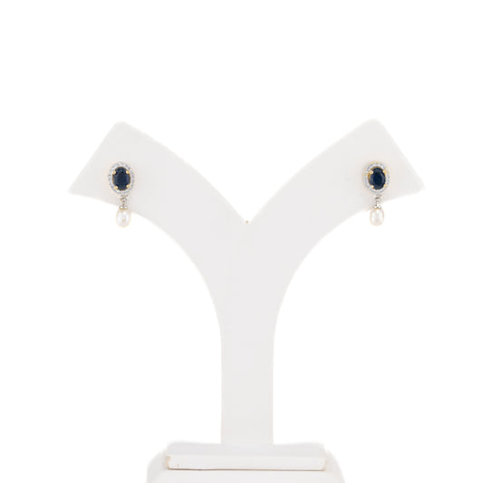 Glossy Blue Stone Drop Hanging Pearl Studs Earrings