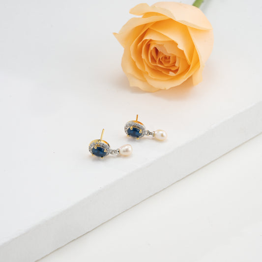 Glossy Blue Stone Drop Hanging Pearl Studs Earrings