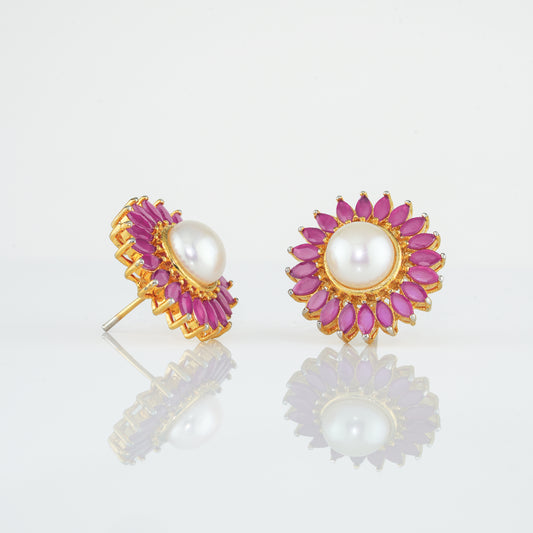 Floral Red Stone Pearl Stud Earrings