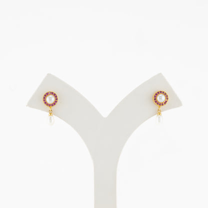 Adorable Red Stone Pearl Stud Earrings