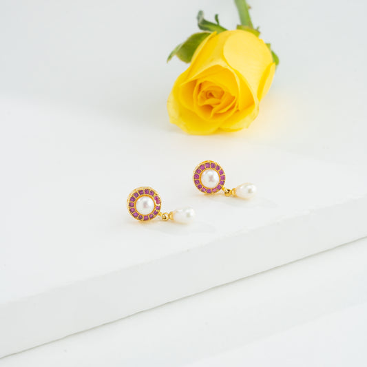 Adorable Red Stone Pearl Stud Earrings