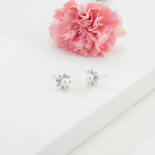 Grace White Stone Pearl Stud Earrings