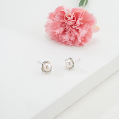 Radiance White Stone Pearl Stud Earrings