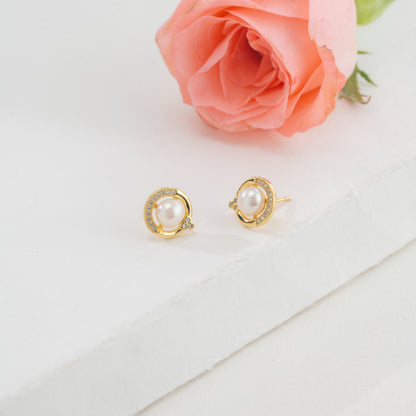 Delicate White Stone Freshwater Pearl Stud Earrings