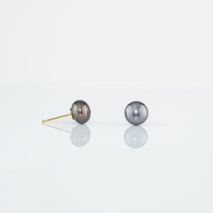 Dark Blue Button Pearl Stud Earrings