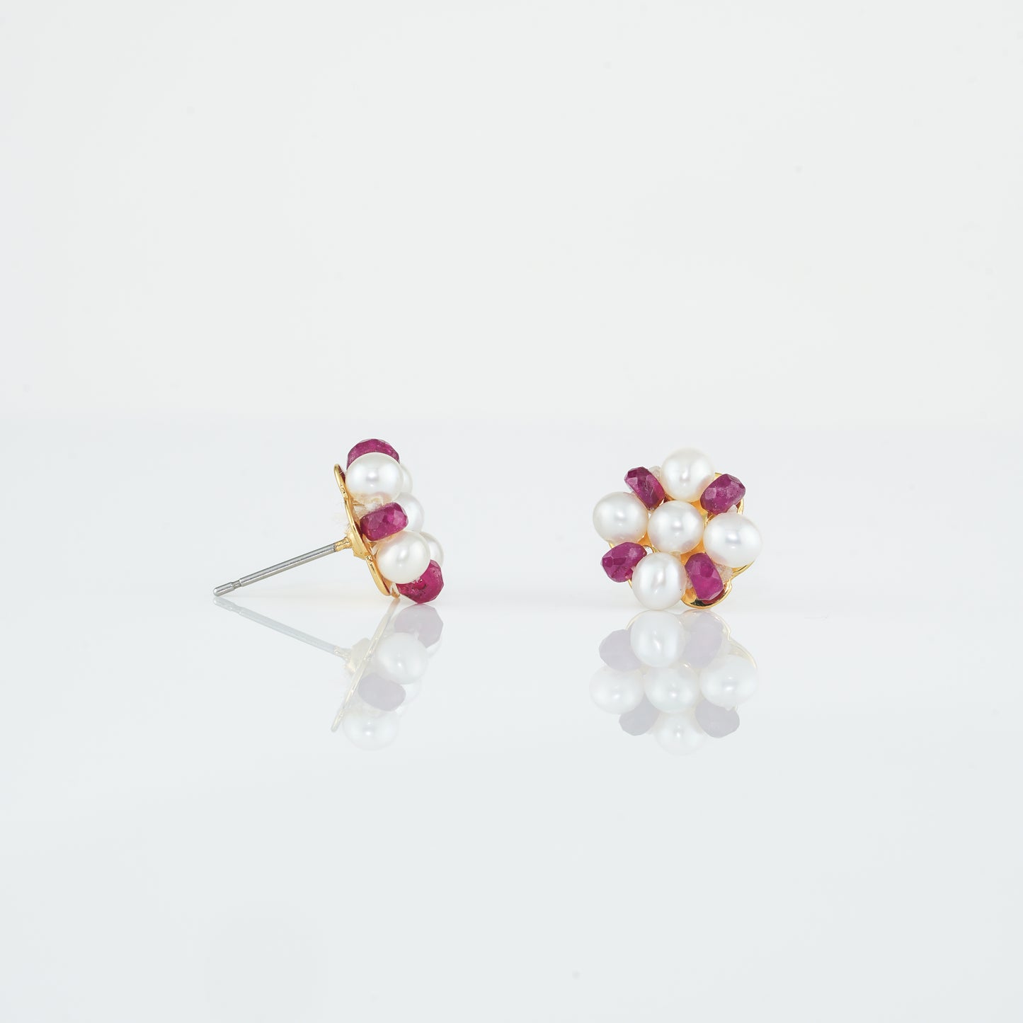 Natural Ruby Near Round Pearl Stud Earrings