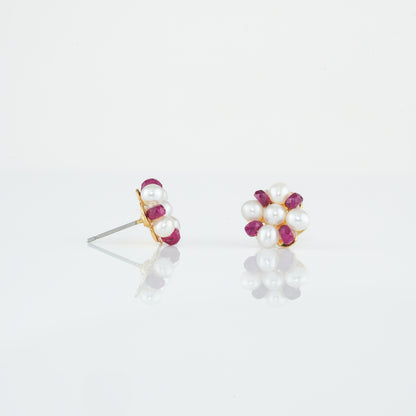 Natural Ruby Near Round Pearl Stud Earrings