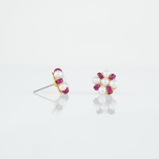 Natural Ruby Near Round Pearl Stud Earrings