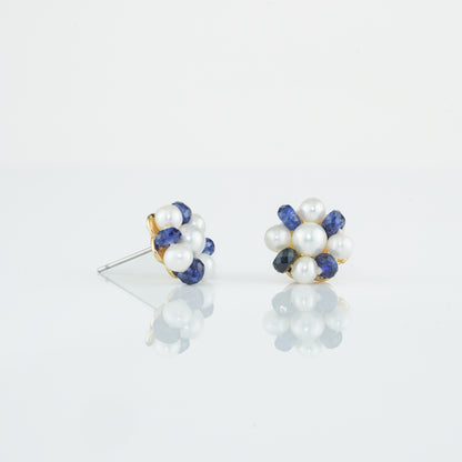 Natural Blue Sapphire Near Round Pearl Stud Earrings