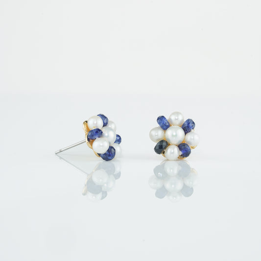 Natural Blue Sapphire Near Round Pearl Stud Earrings