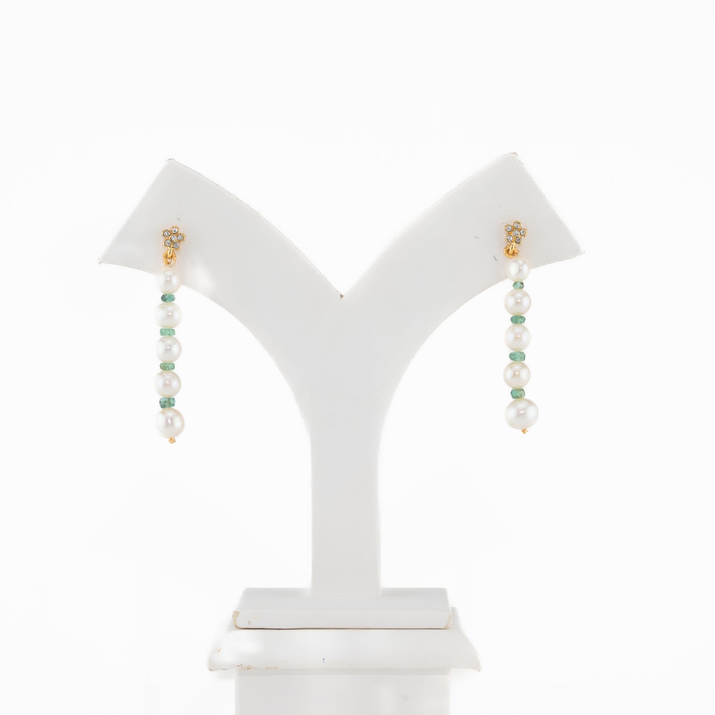 Natural Emerald And Freshwater Near Round Grading Pearl Dangling Earrings
