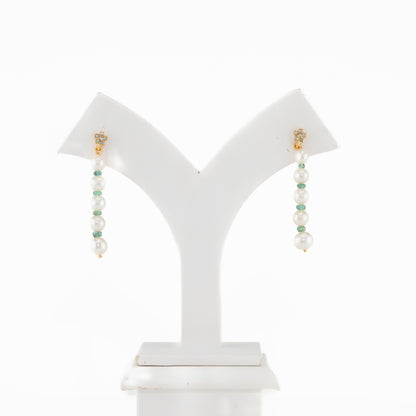 Natural Emerald And Freshwater Near Round Grading Pearl Dangling Earrings