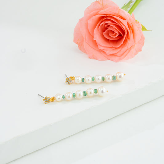 Natural Emerald And Freshwater Near Round Grading Pearl Dangling Earrings