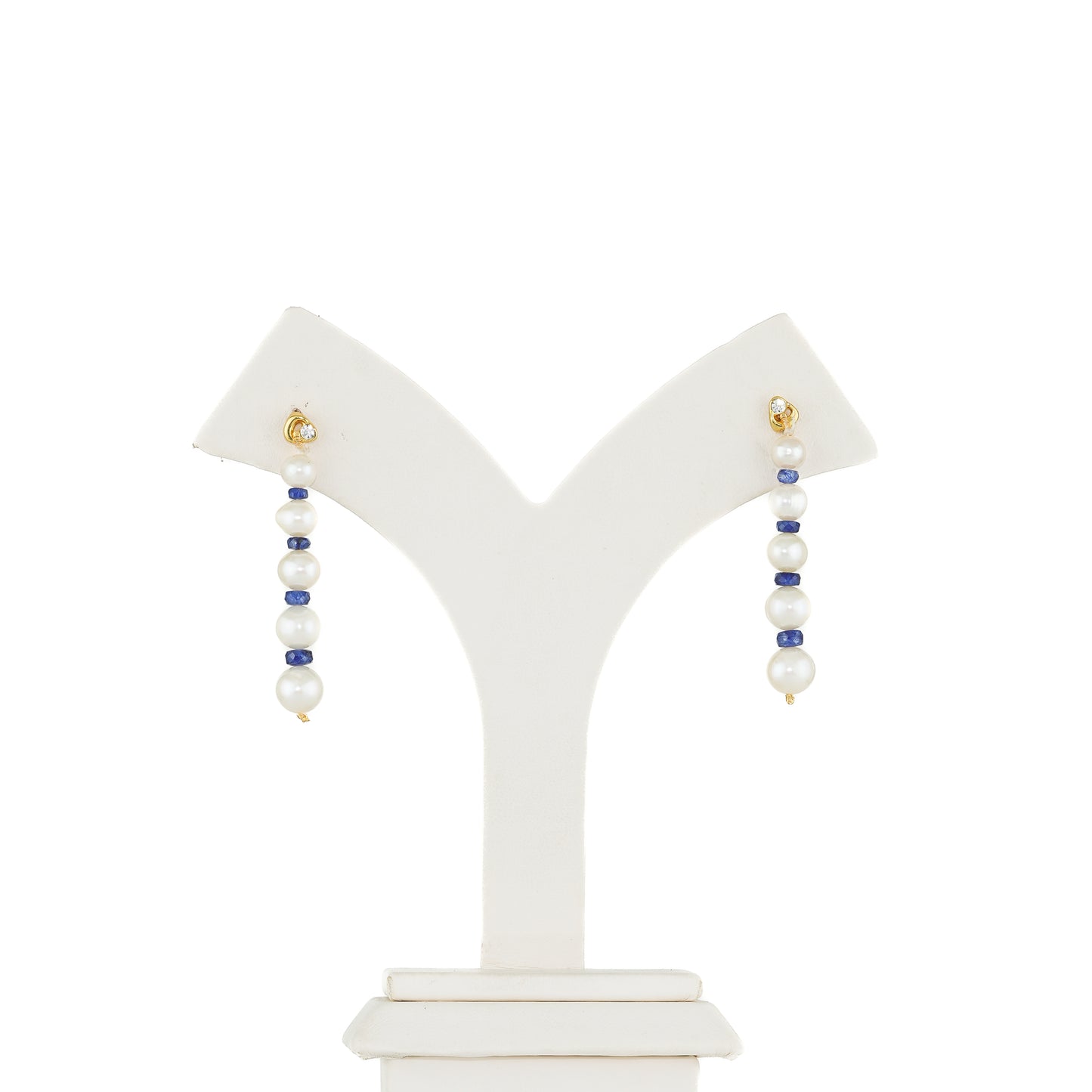 Natural Blue Sapphire Near Round Grading Pearl Hanging Earrings