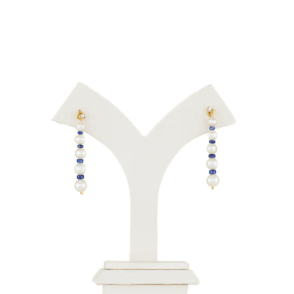 Natural Blue Sapphire Near Round Grading Pearl Hanging Earrings