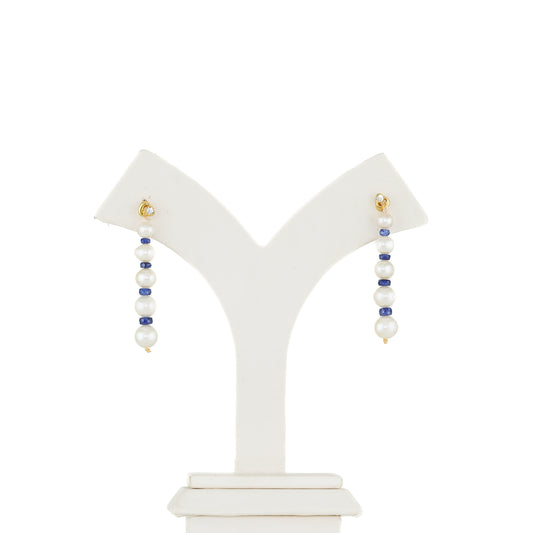 Natural Blue Sapphire Near Round Grading Pearl Hanging Earrings