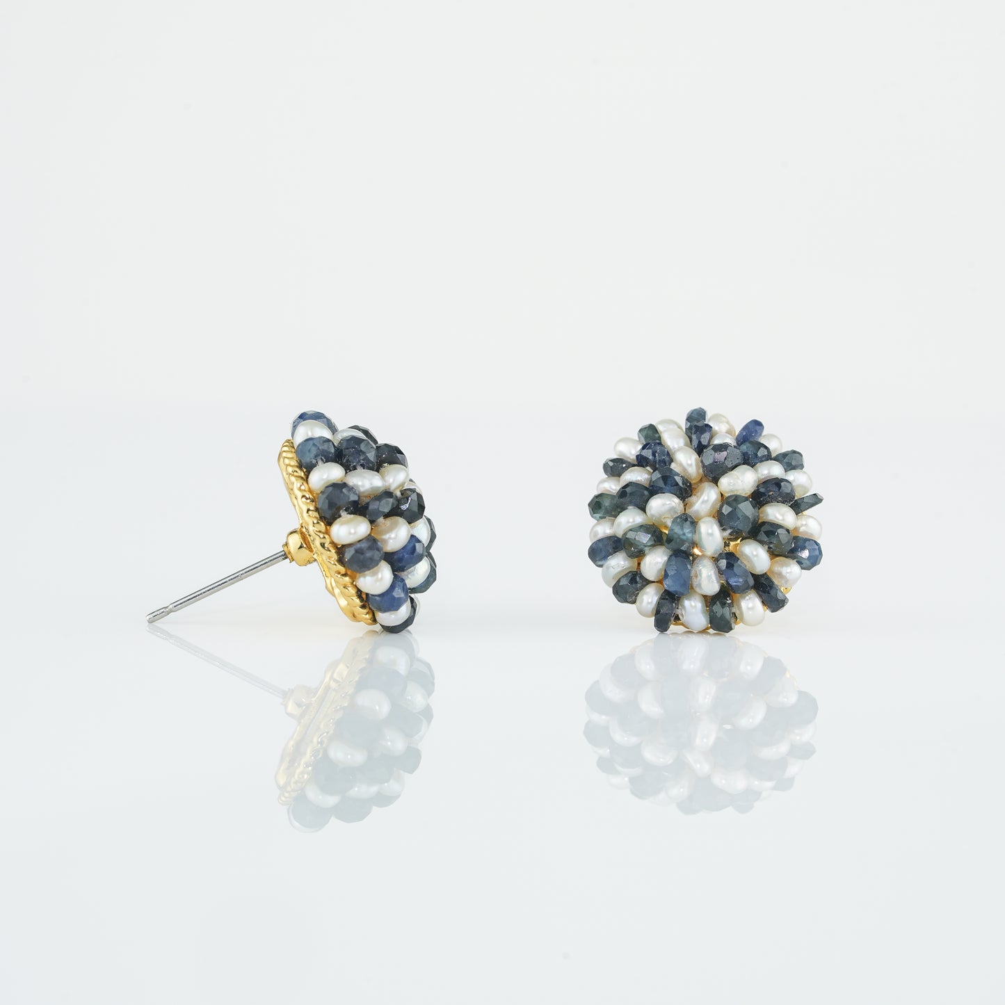 Blue Sapphire Seed Pearl Stud Earrings