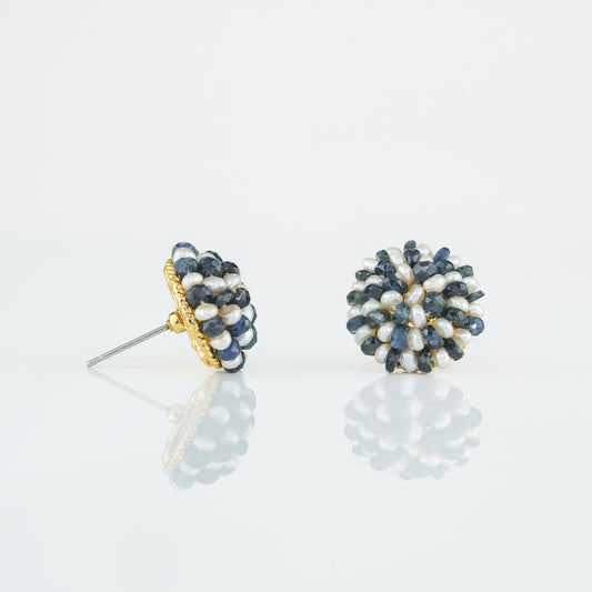 Blue Sapphire Seed Pearl Stud Earrings