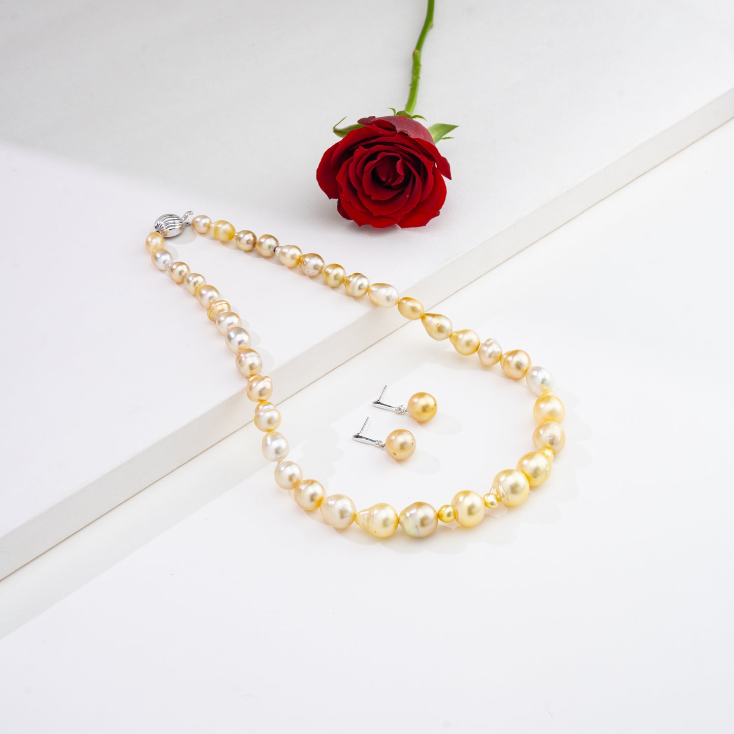 14.0-15.0mm Cream Baroque Ringed South Sea Pearl Necklace Set - A Quality