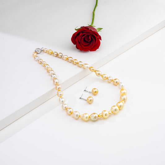 14.0-15.0mm Cream Baroque Ringed South Sea Pearl Necklace Set - A Quality