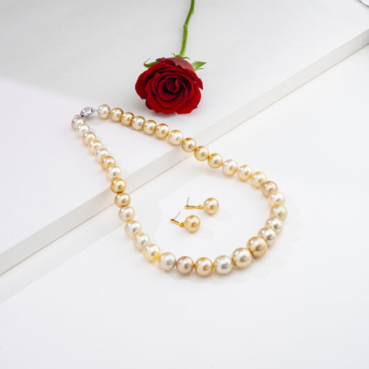 13.0-14.0mm Golden Near Round South Sea Pearl Necklace Set - AA Quality