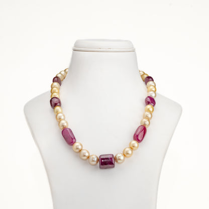 Natural Ruby Beads and 11.0-12.0mm Golden Near Round South Sea Pearl Necklace Set -A Quality
