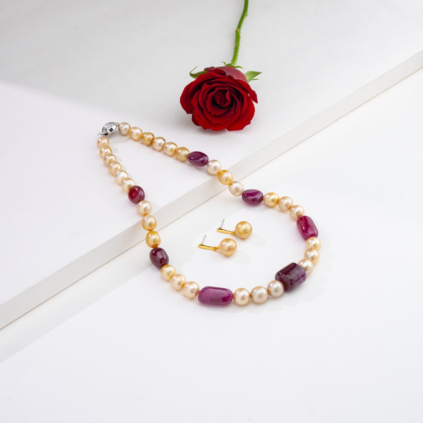 Natural Ruby Beads and 11.0-12.0mm Golden Near Round South Sea Pearl Necklace Set -A Quality