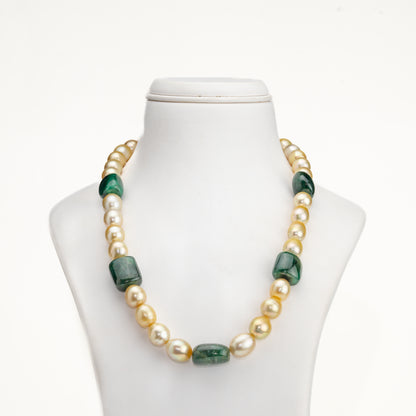 Natural Emerald Beads and 12.0-13.0mm Golden Drop South Sea Pearl Necklace Set - AA Quality