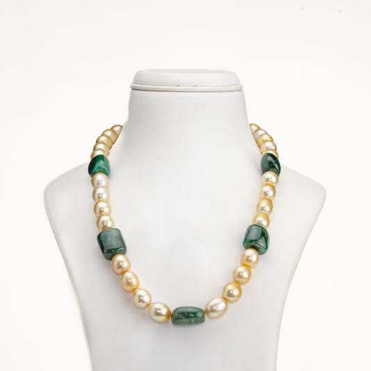 Natural Emerald Beads and 12.0-13.0mm Golden Drop South Sea Pearl Necklace Set - AA Quality