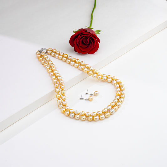 9.0-10.0mm Golden Drop Ringed South Sea Pearl Necklace Set - A Quality