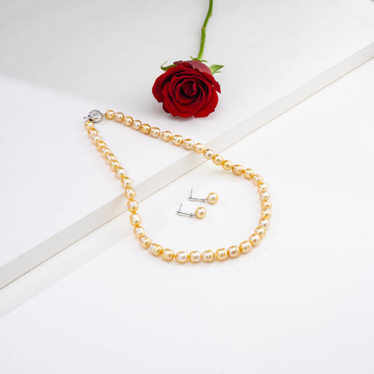 9.0-10.0mm Golden Drop Ringed South Sea Pearl Necklace Set - A Quality