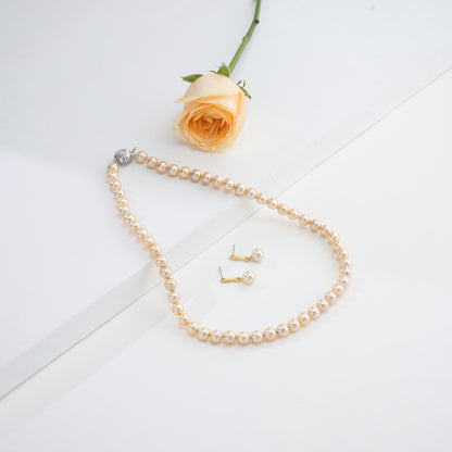 7.0-8.0mm Golden Round Saltwater Akoya Pearl Necklace Set - AAA Quality