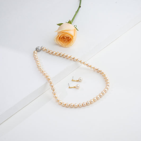 7.0-8.0mm Golden Round Saltwater Akoya Pearl Necklace Set - AAA Quality