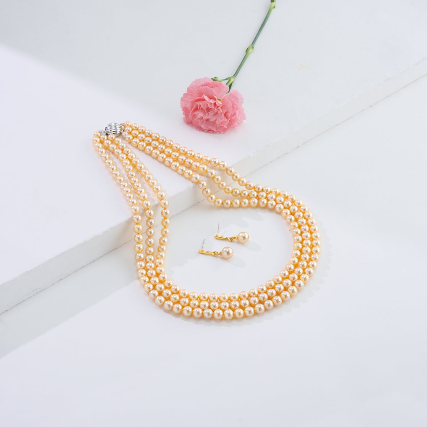6.0-7.0mm Golden Round Akoya Saltwater Pearls Necklace Set - AA Quality