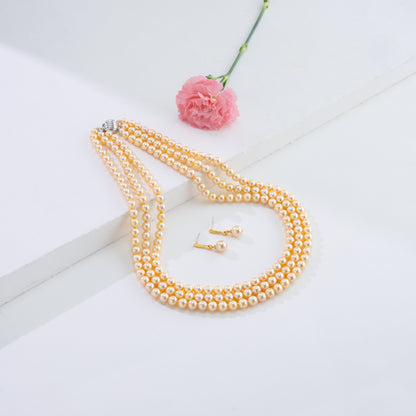 6.0-7.0mm Golden Round Akoya Saltwater Pearls Necklace Set - AA Quality