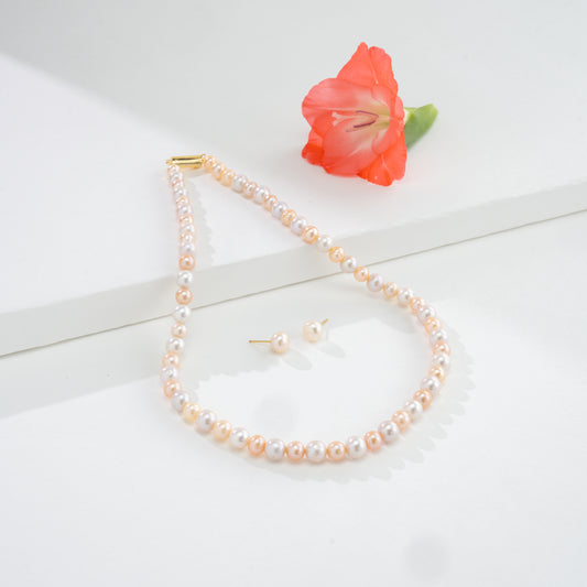 7.0-8.0mm Multicolor Near Round Freshwater Pearl Necklace Set- AA Quality