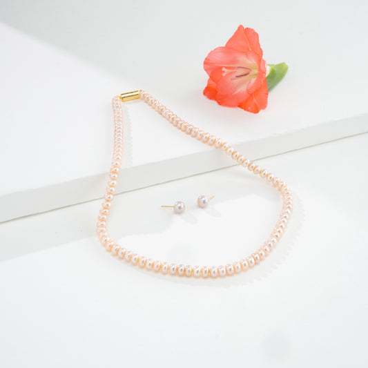 5.0-6.0mm Pink Button Freshwater Pearl Necklace Set - AA Quality