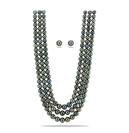 8.0-11.5mm Round Grading Black Tahitian Saltwater Pearl Necklace Set-AAA Quality